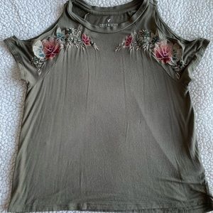 AE Olive Green Embroidered Shoulder Top